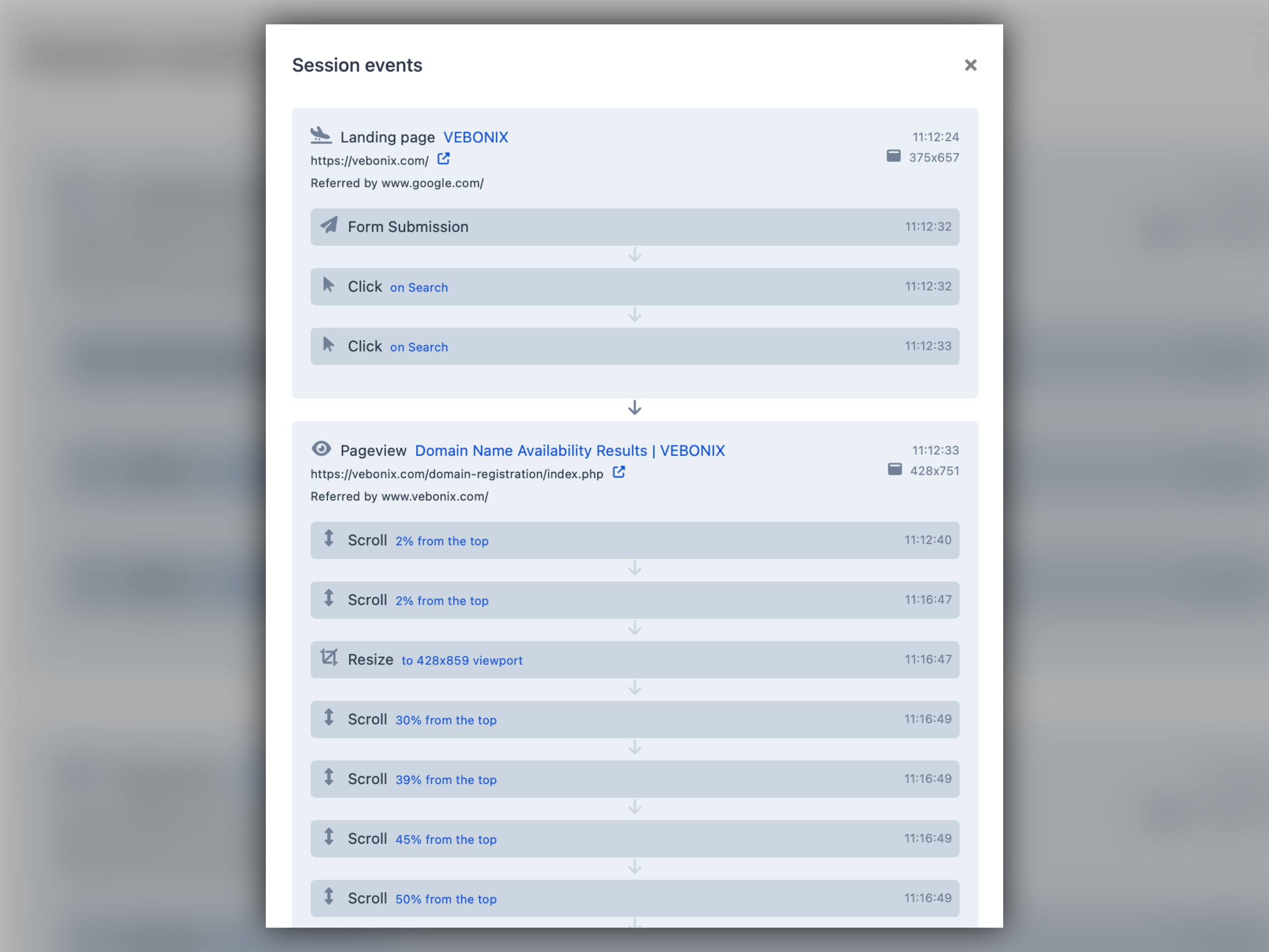 Screenshot of the app visitor events list page